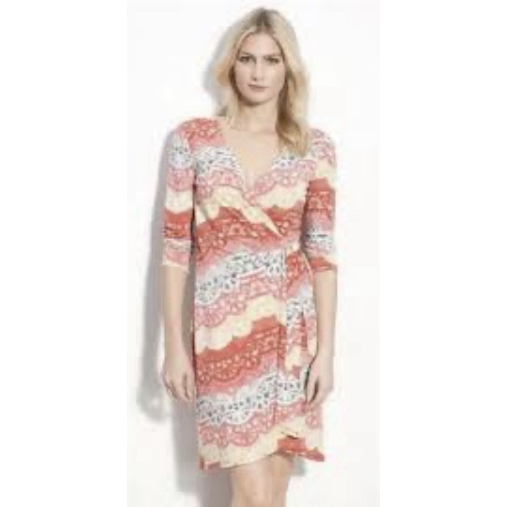 BCBGMAXAZRIA Women's Tereza Curry Red Combo Wrap Jersey Dress 3/4 Sleeves Small